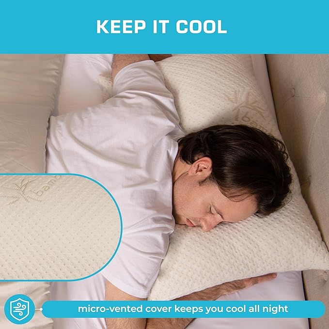 Xtreme Comforts 2-Pack Memory Foam Pillows Made in The USA - Queen Size, Slim Cooling Pillow for Sleeping on Side, Back & Stomach - Firm and Soft Bed Pillows