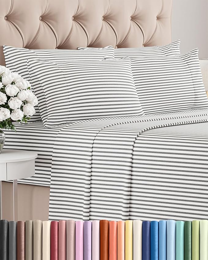 King 6 Piece Sheet Set - Cooling, Comfy & Breathable - Hotel Luxury Bedding, Includes Fitted Sheet for Women, Men, Kids & Teens - 1 Flat, 1 Fitted Sheet, 4 Pillowcases w/Deep Pockets - Grey Stripes