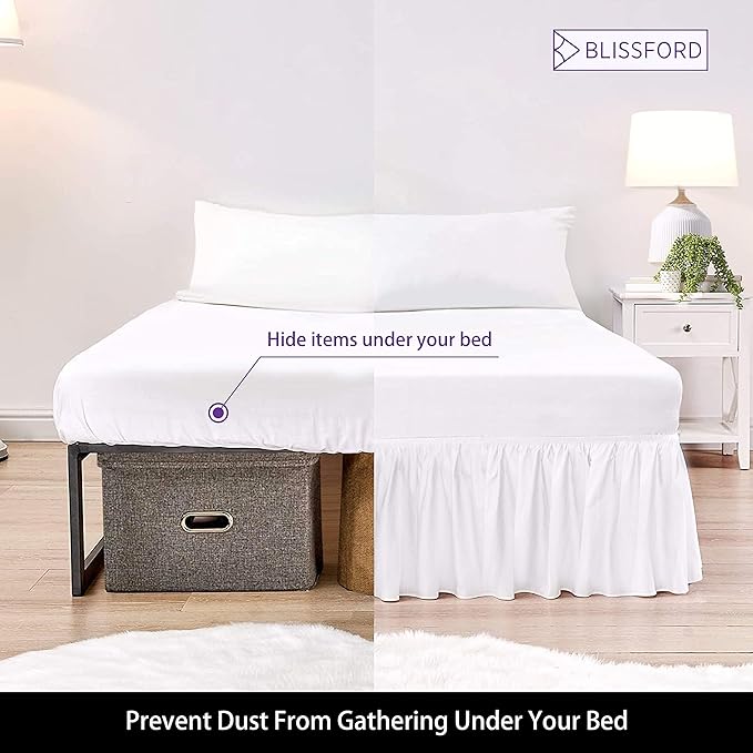 BLISSFORD White Bed Skirt - Twin XL 14 inch Drop - with Split Corners - Cotton Blend Ruffle Bed Skirt, Dust Ruffle for Extra Long Twin Size Bed, Dorm White Bedskirt, Machine Washable
