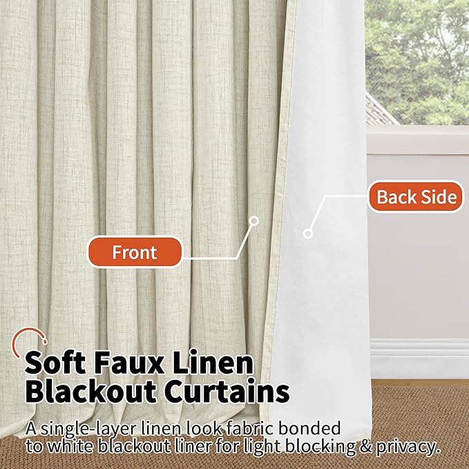 100% Blackout Curtains 96 Inches Long for Living Room 2 Panels Set, Textured Floor Length 95 Inch Thermal Insulated Faux Linen Bronze Grommet Boho Window Drapes, Each 52" Wide, Natural