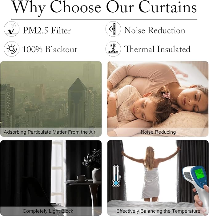 RYB HOME 4 in 1 Set Dust Filter - Soundproof - Blackout - Insulating, Energy Efficiency Linen Curtains for Kids Bedroom Living Room Divider Apartment Hotel Office Theatre, Grey, W 52 x L 84, 2 Pcs