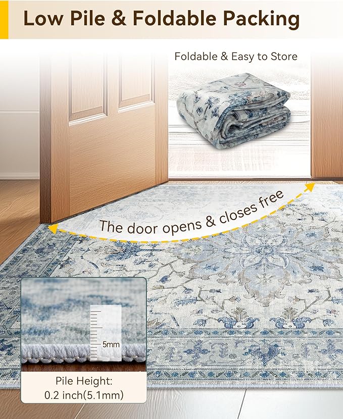 Area Rugs 2'x8' Washable Non-Slip, Floral Vintage Distress Print Pattern Medallion Carpet for Living Room Bedroom Dining Room, Light Blue Navy Beige Gray White