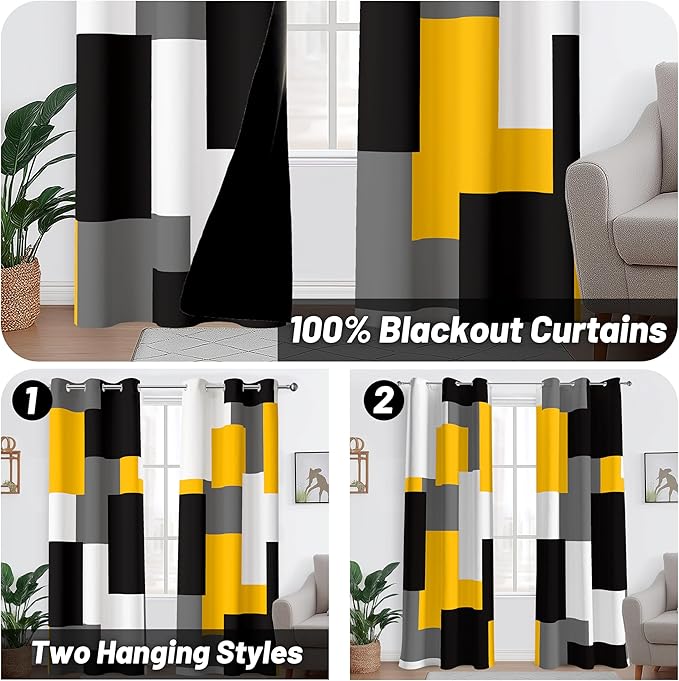Yellow 100% Blackout Curtains for Bedroom 72 inch Length 2 Panels Set White Grey Modern Abstract Geometric Black Out Curtains Insulated Room Darkening Window Drapes for Living Room, 42Wx72L