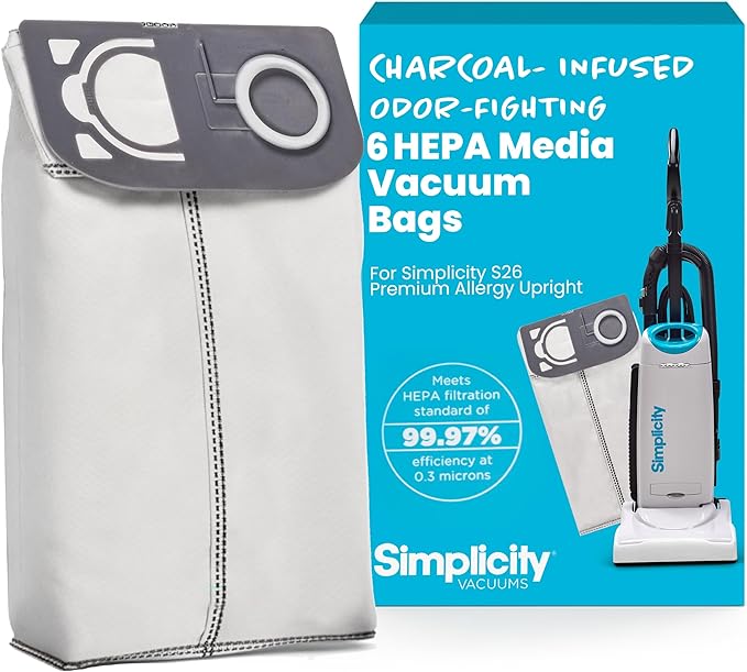 Simplicity Vacuums S26HC-6 HEPA Vacuum Bags with HEPA Media for S26 Premium Allergy Upright Vacuum Cleaner, Charcoal-infused, Drop-in Bag, Sealed HEPA System