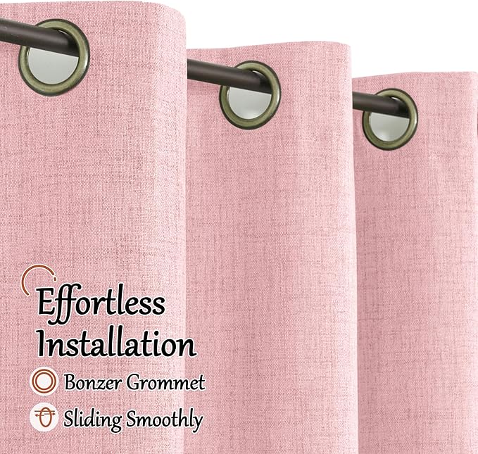 Baby Pink Linen Blackout Curtains for Girls Bedroom 84 Inch Length 2 Panels, Thermal Insulated Full Room Darkening Noise Reducing Privacy Grommet Window Curtains for Nursery, Each 52 Inch Wide
