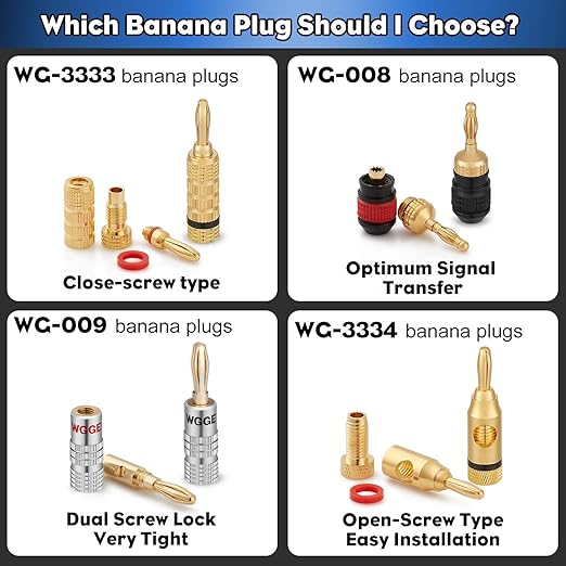WGGE WG-009 Banana Plugs Audio Jack Connector, 24k Gold Dual Screw Lock Speaker Connector for Speaker Wire, Wall Plate, Home Theater, Audio/Video Receiver and Sound Systems (12 Pairs / 24 pcs)