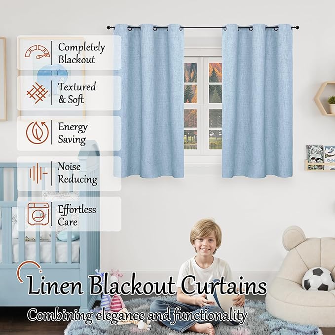 Baby Blue Linen Blackout Curtains for Nursery 40 Inch Length 2 Panels, Short Thermal Insulated Boho Total Black Out Noise Reducing Small Window Curtains for Kids Bedroom, Each 38 Inch Wide