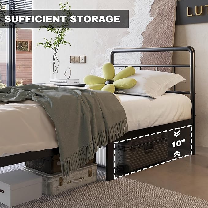 12 Inch Twin Bed Frames with Victorian Vintage Headboard and Footboard, No Box Spring Needed, Heavy Duty Metal Mattress Foundation, Noise Free, Easy Assembly, Black