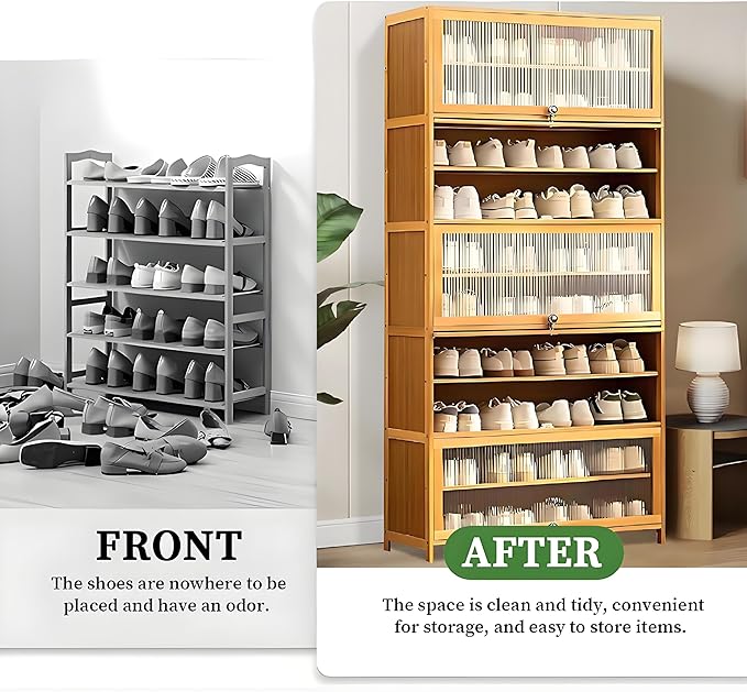 Tall Shoe Cabinet with Acrylic Doors, 10-Tier Large Capacity Bamboo Shoe Cabinet, 40-45 Pairs Freestanding Shoe Rack & Shoe Organizer for Closet Entrance, Hallway, Living Room, Bedroom