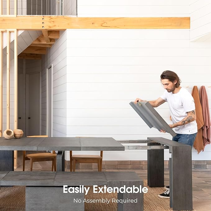 Transformer Table - Solid Wood Extendable Dining Table, Seats 2-12, Extendable Dining Room Table, Space-Saving Furniture, Expandable Dining Furniture (Dark Grey, Table + Bench)