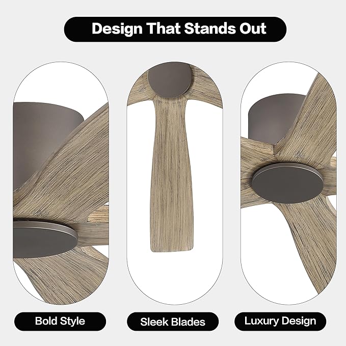 WINGBO 48" Flush Mount DC Ceiling Fans without Lights, 5 Carved Solid Wood Blades, 6-Speed Reversible DC Motor, Low Profile Hugger Ceiling Fan No Light for Living Room Bedroom Patio, Graphite and Gray