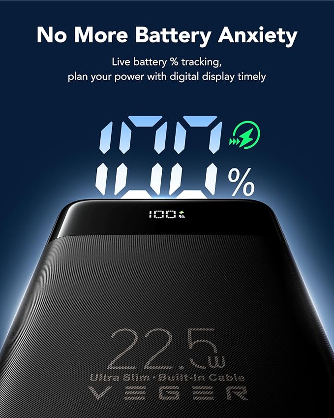 VEGER Portable Charger with Built in Cable, 10000mAh 22.5W Fast Charging USB C Battery Pack, 4 Outputs 3 Inputs Power Bank for iPhone 16/15/14/13 Series, iPad, Samsung, Android, Tablet, Black(1 Pack)