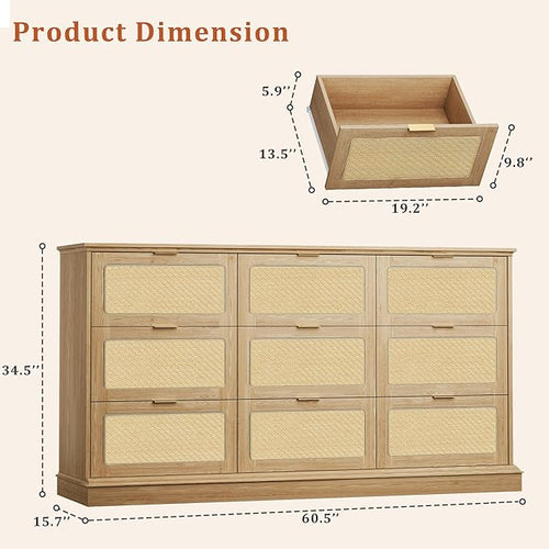 9 Drawer Dresser for Bedroom, 60 Inch Long Dressers & Rattan Chest of Drawers, Large TV Stand for 55, 65, 70 Inch TV, Boho Style, Modern Dresser for, Living Room, Entryway, Bedroom, Natural Oak