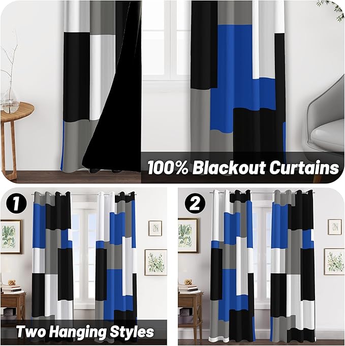 Royal Blue 100% Blackout Curtains for Bedroom 84 inch Long 2 Panels Set Modern Abstract Geometric Black Out Curtains Blue Gray Insulated Room Darkening Window Drapes for Living Room, 52Wx84L