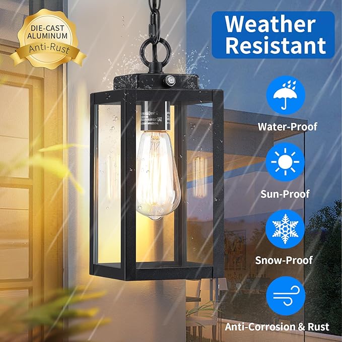 11'' Dusk to Dawn Outdoor Pendant Light, Modern Outside Chandelier Outdoor Hanging Lantern Light, Matte Black with Clear Glass, Exterior Pendant Lighting Fixture for Porch, Yard, Gazebo, 1Pack (Small)