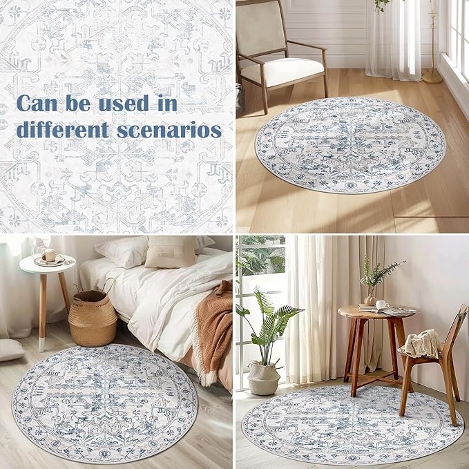 jinchan Lima Round Rug 6ft Vintage Machine Washable Area Rug Indoor Circle 6' Ultra-Thin Non-Slip Floral Print Carpet for Farmhouse Entryway Dining Room Living Room Bedroom Office (6'Round, Blue)
