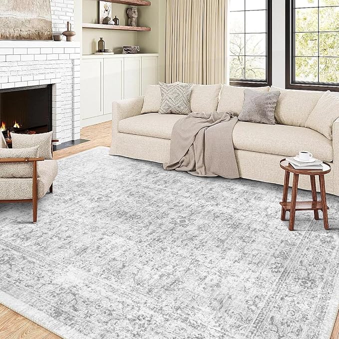 8x10 Area Rugs for Living Room, Non-Slip Backing Washable Rug 8x10, Grey Large Area Rug Soft Carpet for Bedroom Dining Room, Vintage Floral, Easy Clean, Durable, Low Pile Rug Under Table