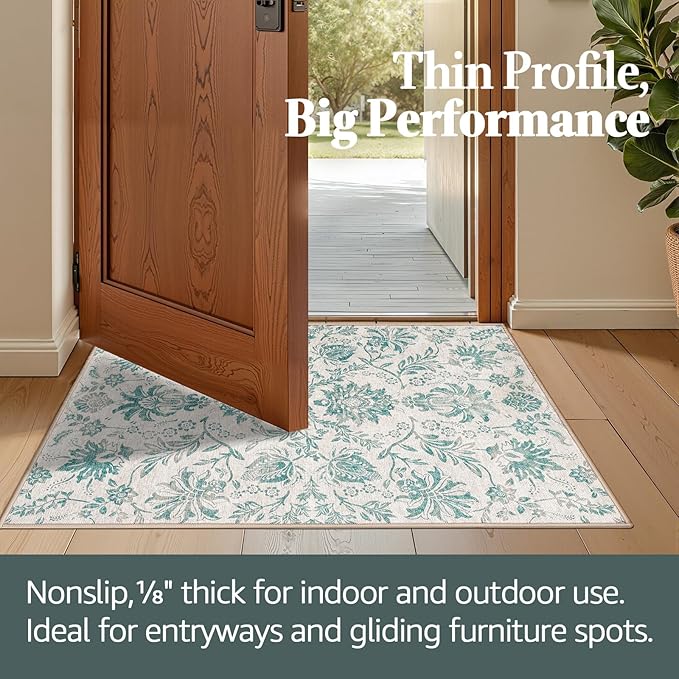 jinchan Torino Classic Floral Round Rug 4ft Vintage-Inspired Design 4’Circle Rug, Machine Washable Ultra-Thin Low-Pile Non-Slip Indoor Carpet for Bedroom Dining Room Living Room Entryway