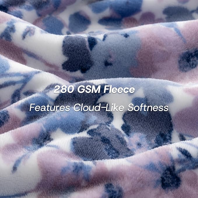 Luxury Printed Fleece Warm Blanket, Soft Lightweight Velvety Plush Throw for Couch and Bed, Cozy Comfy for All Seasons(White Purple Flowers, 108×90 Inches)
