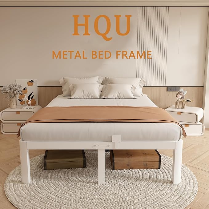 12 Inch King Size Bed Frame with Metal Gaskets, Anti-Slip Mattress Stopper, Platform Bed Frame No Box Spring Needed, Heavy Duty Steel Slat Support, Easy Assembly, White