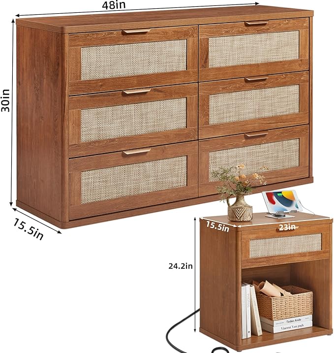 LEYAOYAO Rattan Dresser and Nightstand Set of 2, Boho Wood Dresser for Bedroom with 6 Drawers and Night Stand with Charging Station, Bedroom Furniture, Dressers & Chests of Drawers,Living Room,Hallway