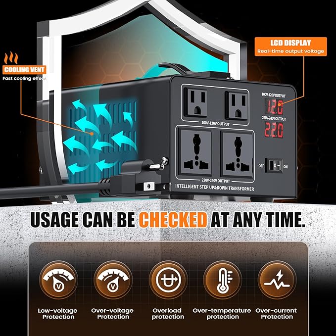2000W Voltage Converter Transformer Step Up 110V/120V to220V/240V or Step Down 220V to 110V AC Power Converte, Circuit Breaker Protection, 2 US sockets, 2 Universal sockets, LCD Display