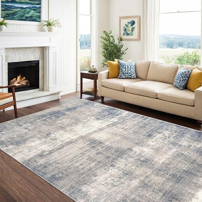 6x9 Area Rug, Ultra-Soft Washable Rug for Living Room, Dinner Room, Bedroom, Non-Slip Modern Abstract Rug, Indoor Carpet Large Area Rug, Grey/Navy