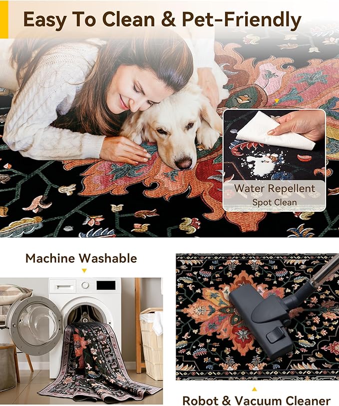 Area Rugs 7'x9' Washable Non-Slip, Floral Vintage Distress Print Pattern Medallion Carpet for Living Room Bedroom Dining Room, Black Colorful Floral Dark Tan