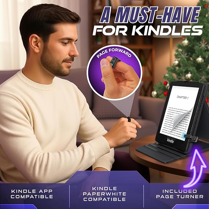 Kindle Page Turner Remote for Kindle Paperwhite - TikTok Scrolling Ring for iPhone & Android Devices w/Phone Stand & Charging Case - Kindle Clicker/Remote Control Page Turner for eReaders (Black)