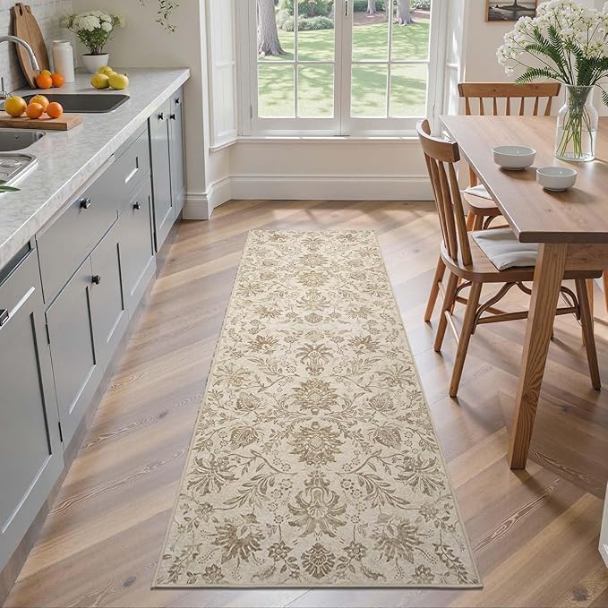 jinchan Torino Runner Rugs 2x6, Vintage-Inspired Floral Neutral Design Machine Washable Non-Slip Ultra-Thin Low-Pile Rubber Backing Runner Rug for Kitchen Hallway Laundry Room Entryway Taupe