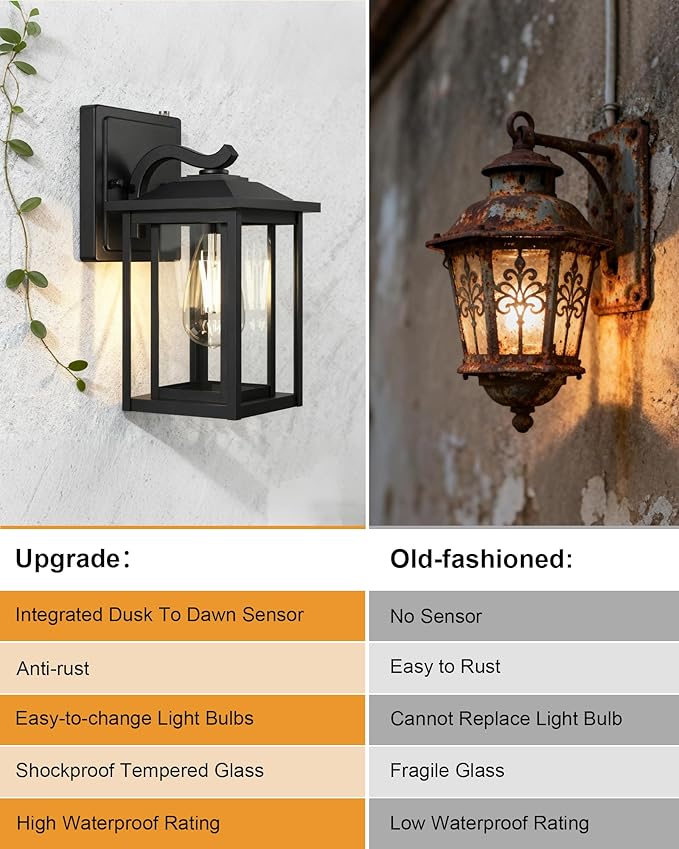 LTBLIGHT Dusk to Dawn Outdoor Lighting, Modern Black Waterproof Exterior Wall Sconce, Sensor Front Porch Lights with E26 Base for House Garage Patio Front Door, 120V