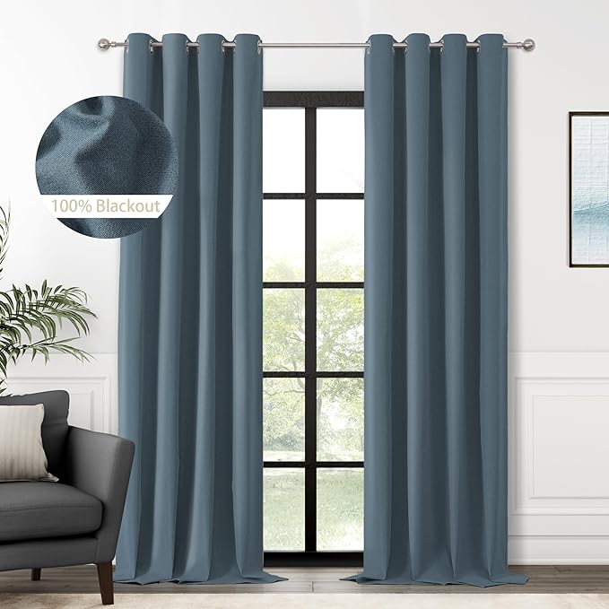 ChrisDowa 100% Blackout Blue Solid Curtains 120 Inches Long 2 Panels for Bedroom Living Room,Farmhouse Room Darkening Thermal Insulated Soundproof Grommet Top Window Treatment Drapes,52x120
