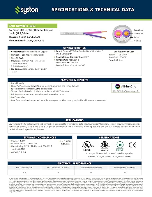 Syston Cable Technology 18/2 LED Lighting Dimmer Dimming Luminaire Control Wire Cable,18 AWG 2 Conductors Solid Bare Copper Unshielded Plenum Rated CMP CL3P FT6, for Ballast Wiring and Connection