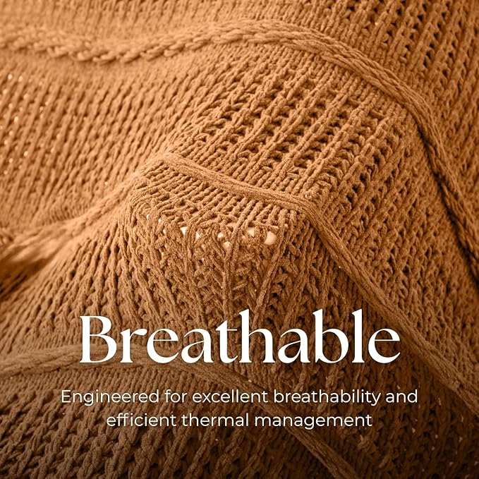 Boho Knitted Chenille Blanket with Tassels - Lightweight & Soft All-Season Throw - 3D Classic Pattern for Living Room Bedroom Couch, Amber Brown, Twin 60"x80"