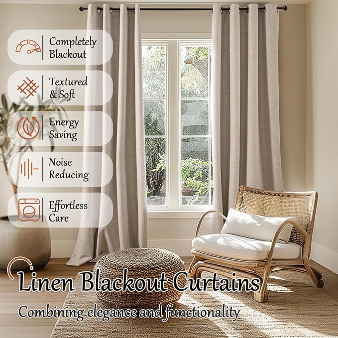 Beige 100% Blackout Curtains for Living Room 95 Inch Length 2 Panels Set, Thermal Insulated Light Blocking Faux Linen Curtains for Bedroom, Bronze Grommet Boho Window Drape Each 52" Wide