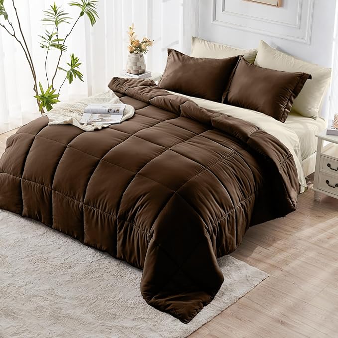 JOLLYVOGUE California King Comforter Set, Ultra-Soft Bed in a Bag Cal King Size 7 Pieces, Oeko-TEX Certified Bedding Set with Down Alternative Comforter, Sheets, Pillowcases & Shams, Brown & Beige