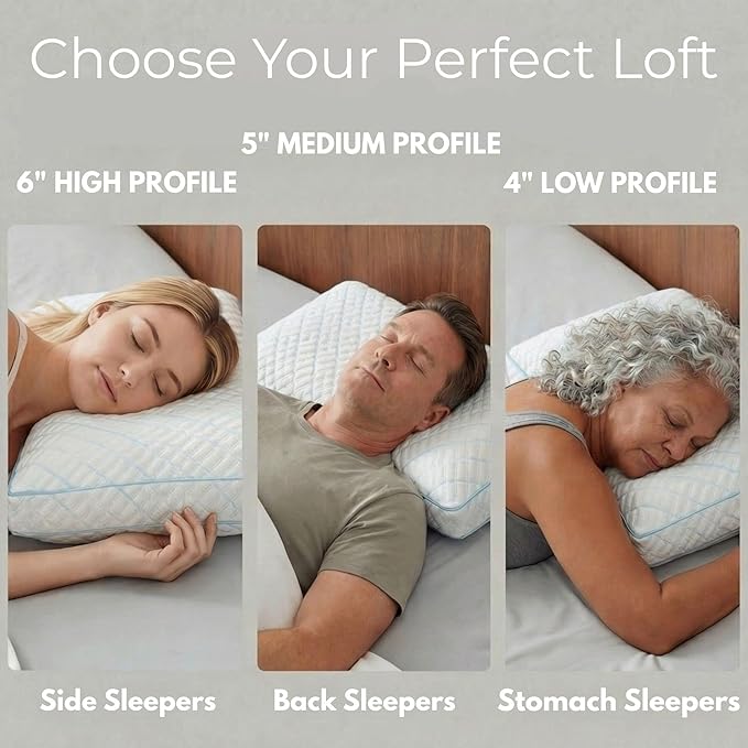 Glacia Contour Low Profile 4-inch Memory Foam Pillow for Stomach Sleepers – Slim Gel-Infused Bed Pillow for Neck Pain Relief | Hypoallergenic Queen Pillows for Neutral Spine Alignment
