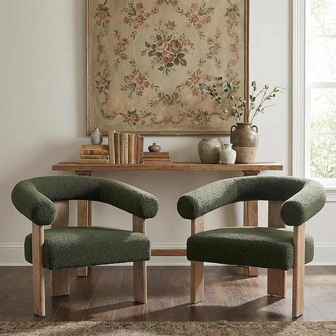 VKNOW Accent Chair Living Room Chairs Set of 2, Modern Upholstered Arm Chair with Solid Wood Legs, Comfy Barrel Accent Chairs for Living Room, Bedroom, Green