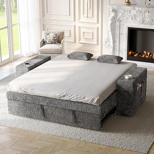 63 Inch Sleeper Sofa Bed, 4 in 1 Pull Out Couch Bed with Adjustable Backrest, Small Loveseat with Wide Armrest | USB Charging | Side Pockets | Cup Holders | Tool Free Assembly, Grey Chenille
