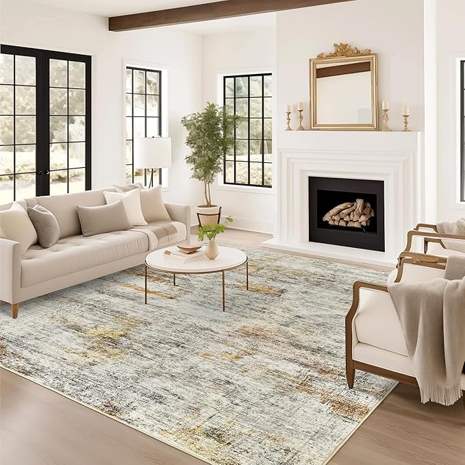Washable Area Rug 8x10, Large Soft Abstract Rugs for Living Room Vintage 8x10 Area Rugs for Bedroom Dining Room Non-Slip Stain Resistant Under Table Gray Rust Rug