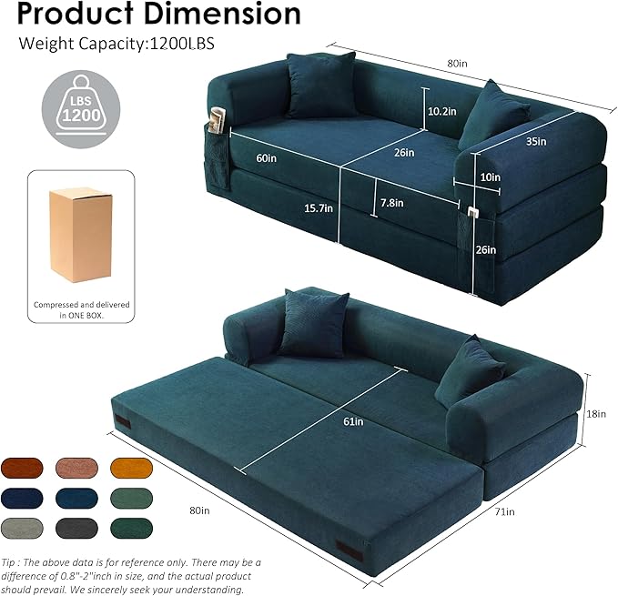 80" Convertible Sofa Bed, Corduroy Deep Seat Folding Pull Out Couch with Pillows, No Assembly Modern Boneless Couch Compression Sofa in Box, Floor Sofa with Storage Pocket for Living Room,Dark Blue