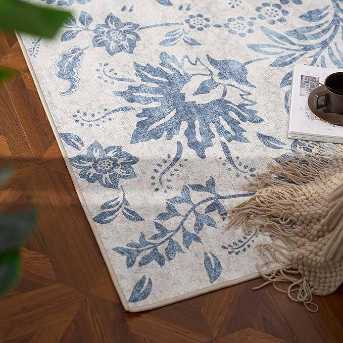jinchan Torino Floral 5x7 Area Rugs, Vintage-Inspired Design Accent Rug, Machine Washable Ultra-Thin Low-Pile Non-Slip Traditional Carpet for Living Room Bedroom Dining Room Home Office, Turquoise