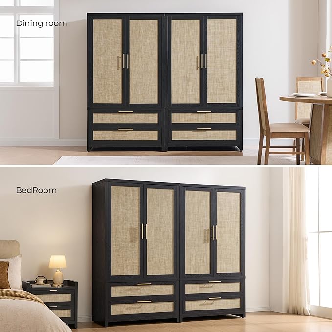 SICOTAS Larger Armoire Wardrobe Closet, 71" Tall Rattan Wardrobe Closet Cabinet with Storage and 2 Drawers, Boho Armoire Clothes Organizer with Hanging Rod for Bedroom, Black Oak (2 PCS)