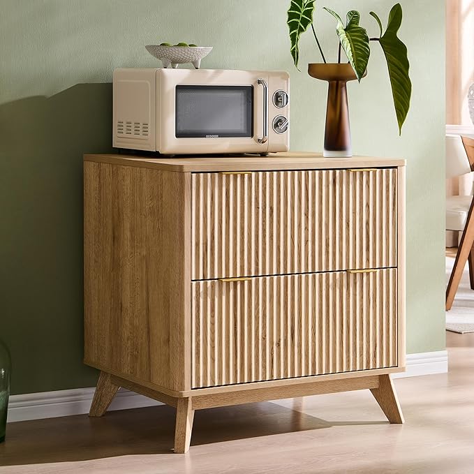 T4TREAM Set of 2 Modern Fluted Sideboard Buffet Cabinet with Drawers Storage, 60" Modular Accent Cabinet for Credenza, Entryway & Hallway, Natural Oak