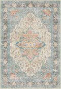 Area Rugs Round 6ft Washable Non-Slip, Floral Vintage Distress Print Pattern Medallion Carpet for Living Room Bedroom Dining Room, Blue Orange Red