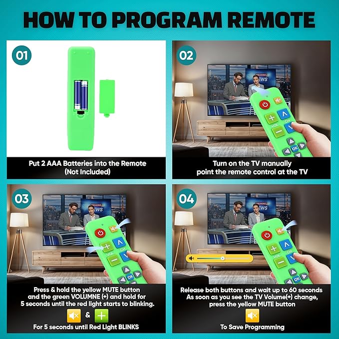 EZclicker Plus Big Button Universal TV Remote (Green) Simple Easy to Use, Works with Major TV Brands (2xAAA Batteries Not Included)
