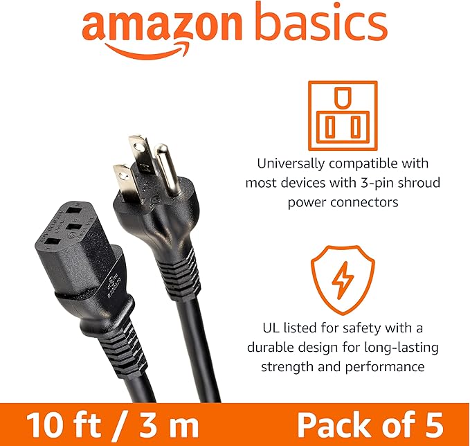 Amazon Basics PC Power Cord, 10 feet, 5-Pack, AC Power Cord for Monitor, Computer, TV, 3 Prong, 18 AWG, 125 Volts, Black