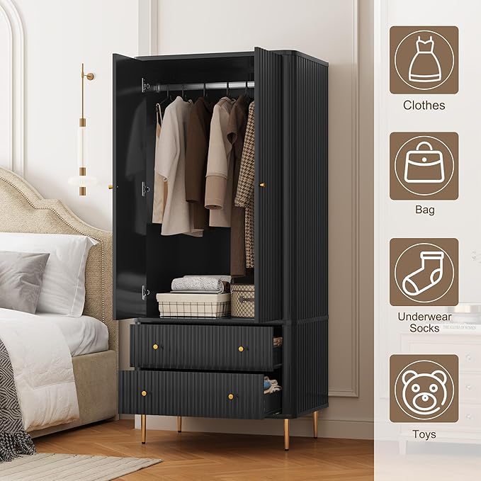 HLR 72" Modern Armoire Wardrobe Closet with Doors and Drawers, Bedroom Armoire Cabinet with Hanging Rod, Wooden Clothing Storage Cabinet,Black