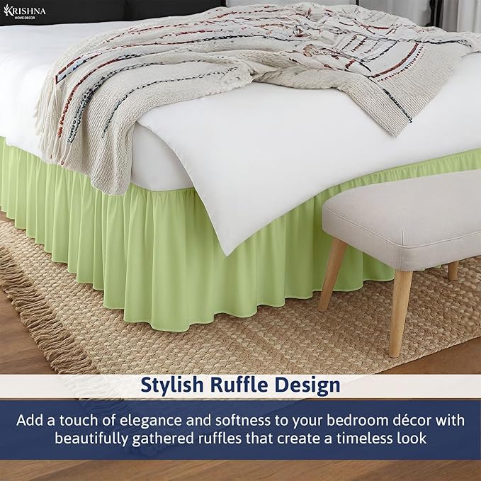 KRISHNA Ruffled Bed Skirt with Split Corners Twin, 100% Microfiber Hotel Quality, 24 Inch Drop Dust Ruffle Gathered Bedskirt with Platform, 39" x 75", Sage