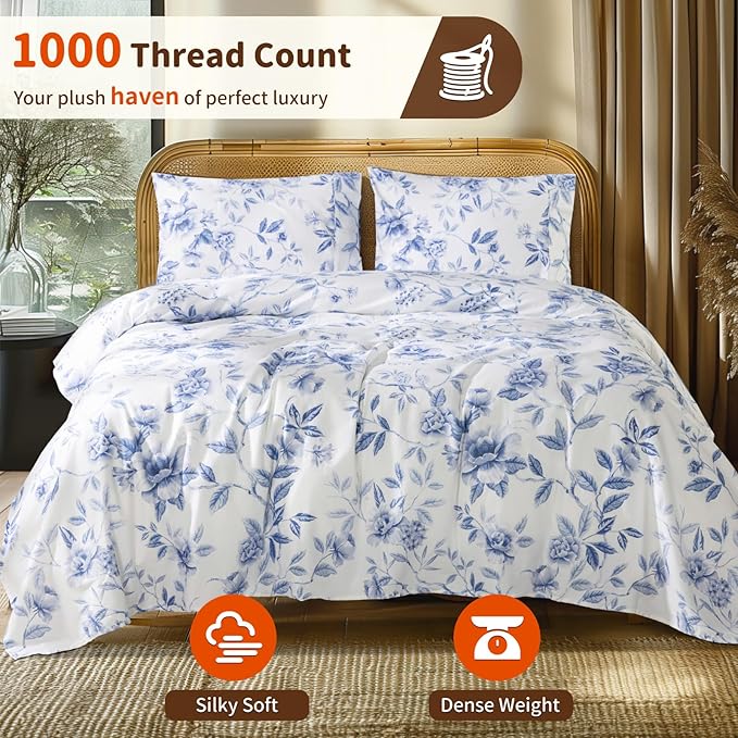 LBRO2M 1000 Thread Count Sheets 100% Egyptian Cotton Bedding Set Floral King Size Sheets 16 Inches Deep Pocket Bedding 4 Piece Sets (King, Field Flower)